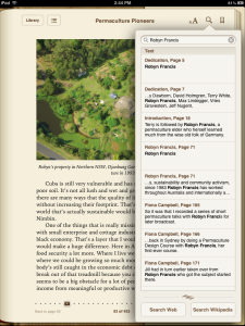 Permaculture Pioneers - Using the search function on .ePub version as viewed on an iPad