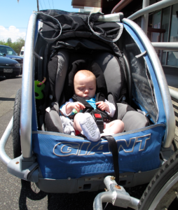 Verti Lebo in her bike trailer