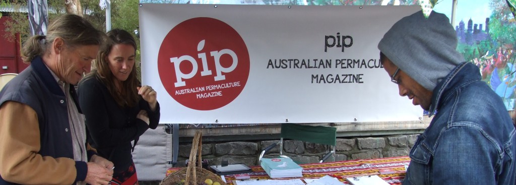 David Holmgren, Robyn Rosenfedlt and Adam Garrett-Clarke preparing for the Pip launch at the CERES Harvest Festival