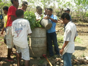 Marcelino and Oxfam staff teaching about liquid composts in Oecussi